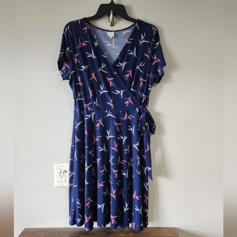 Elegant Navy Wrap Dress with Pink and White Accents
